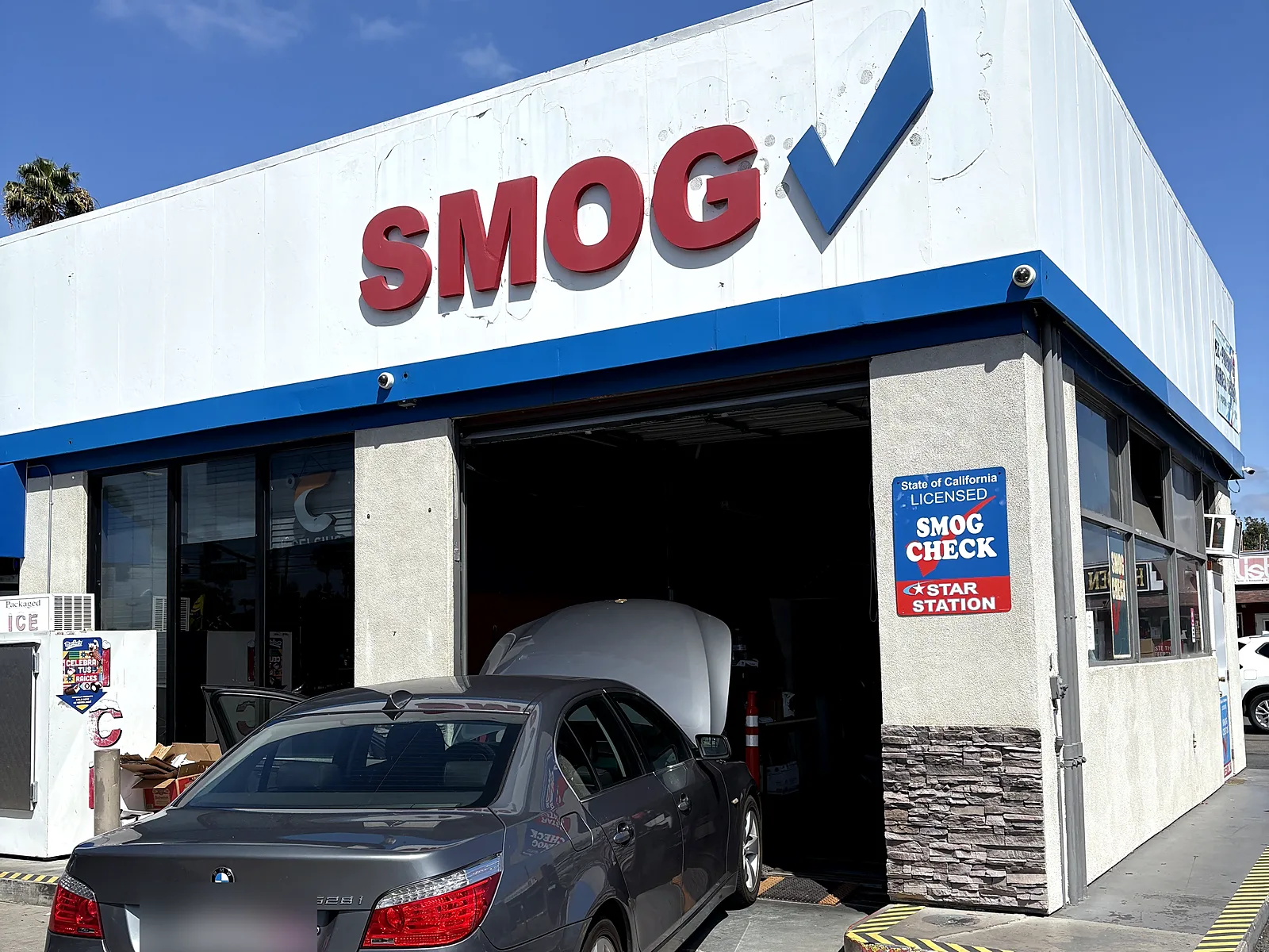 STAR smog check in Escondido, CA: our station on East Valley Parkway with the Smog sign